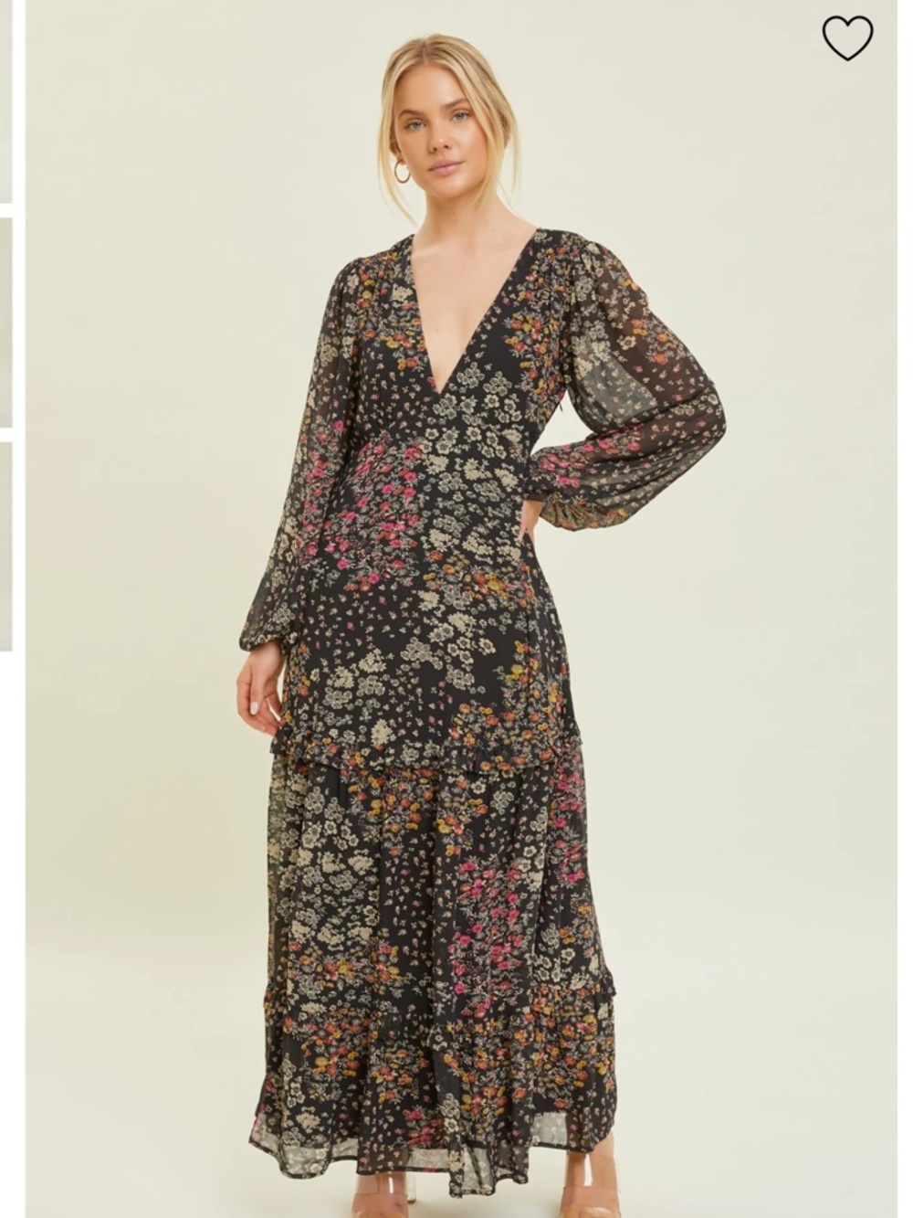 NWT Black Floral Chiffon V-Neck Long Sleeve Maxi Dress - Picture 13 of 14